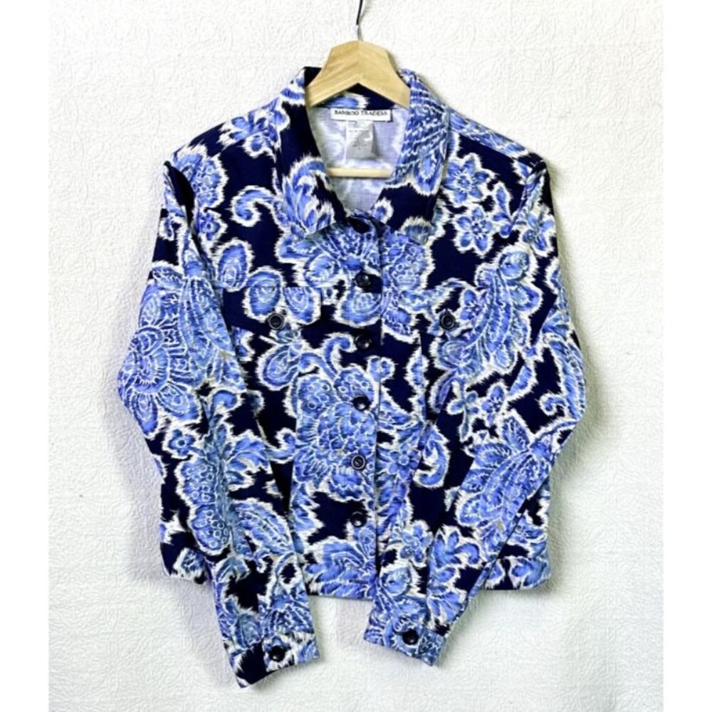 Bamboo Traders Floral Blue Cropped Jacket Women's Size Large